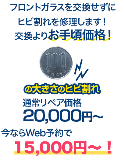 フロントガラスを交換せずにヒビ割れを修理します！交換よりお手頃価格！ 100円玉の大きさのヒビ割れ 通常リペア価格20,000円～のところを、今ならWeb予約で10,000円～！